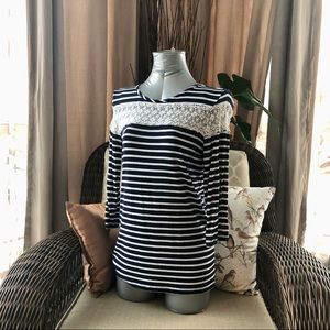 NAVY and White Small Simons Long Sleeve Shirt with Beautiful Lace Detail.